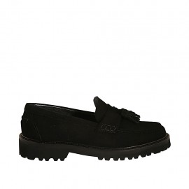 Mocassino da donna con nappine in camoscio nero tacco 3 - Misure disponibili: 33, 34, 42