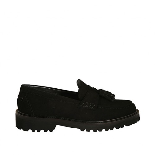 Mocassino da donna con nappine in camoscio nero tacco 3 - Misure disponibili: 33, 34, 42