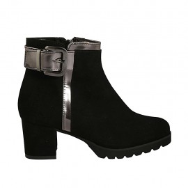 Stivaletto da donna con cerniera e fibbia in camoscio nero e vernice canna di fucile tacco 5 - Misure disponibili: 33, 34, 43, 44