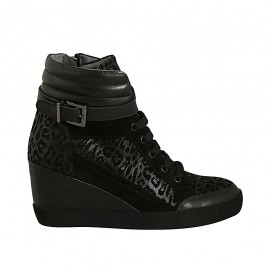 Scarpa stringata da donna con cerniera e fibbia in pelle, camoscio e camoscio stampato nero e maculato zeppa 6 - Misure disponibili: 43