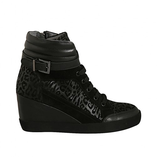 Scarpa stringata da donna con cerniera e fibbia in pelle, camoscio e camoscio stampato nero e maculato zeppa 6 - Misure disponibili: 43, 44