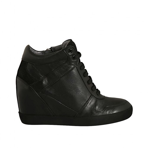 Scarpa stringata da donna con cerniera in pelle e camoscio nero zeppa 6 - Misure disponibili: 34, 42, 43, 44