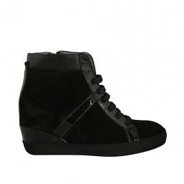 Zapato con cordones y cremallera en gamuza, piel y charol negro cuña 6 - Tallas disponibles:  43