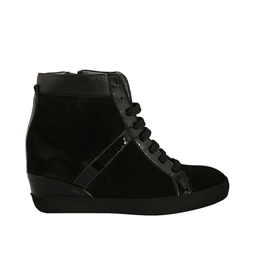 Chaussure à lacets avec fermeture éclair en daim, cuir et cuir verni noir talon compensé 6 - Pointures disponibles:  43