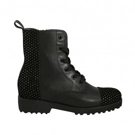 Stivaletto stringato da donna con cerniera e borchie in pelle e camoscio nero tacco 3 - Misure disponibili: 33, 42, 46