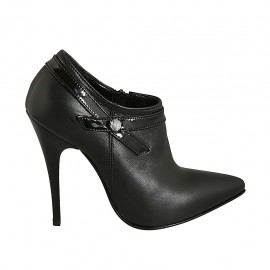 Scarpa accollata da donna con cerniera e strass in pelle e vernice nera tacco 11 - Misure disponibili: 34, 42