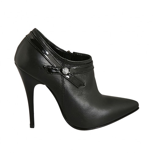 Scarpa accollata da donna con cerniera e strass in pelle e vernice nera tacco 11 - Misure disponibili: 32, 34, 42, 44