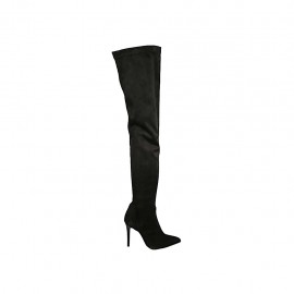 Botas sobre la rodilla para mujer en gamuza y material elastico negro con media cremallera interna tacon 9 - Tallas disponibles:  42