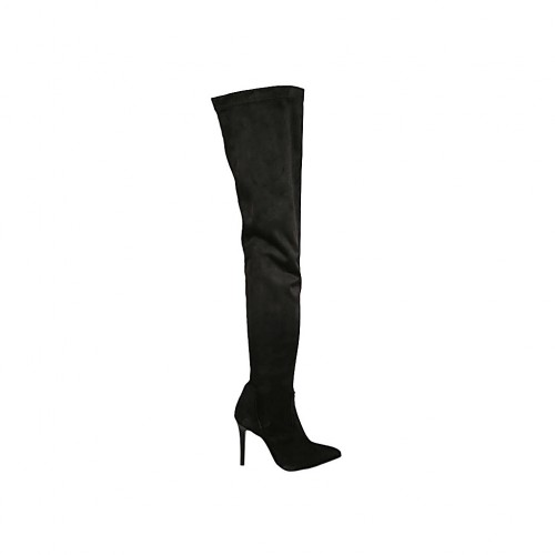 Schenkelhoher Damenstiefel aus schwarzem Wildleder und elastischem Material mit halbem innerem Reissverschluss Absatz 9 - Verfügbare Größen:  42