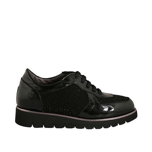 Woman's laced shoe with rhinestones and removable insole in black suede and patent leather wedge heel 3 - Available sizes:  34, 43