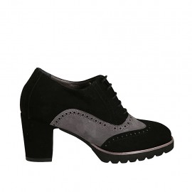 Zapato oxford para mujer con cordones y plantilla extraible en gamuza negra y gris tacon 7 - Tallas disponibles:  33, 43