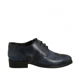 Spitzer Damenderbyschuh aus blauem Leder mit Schnüren und Broguemuster Absatz 3 - Verfügbare Größen:  33, 34, 42, 43, 44, 45
