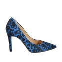 Zapato de salon puntiagudo en gamuza azul aciano moteada para mujer tacon 9
