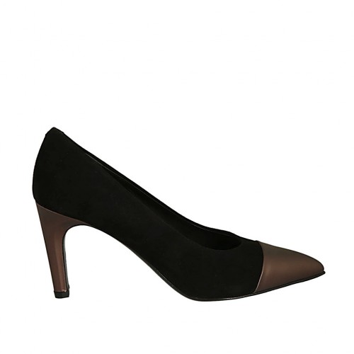 Zapato de salón puntiagudo para mujer en piel bronce y gamuza negra tacon 7 - Tallas disponibles:  31, 32, 34, 43, 45, 47