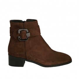 Botines para mujer con cremallera y hebilla en gamuza marron tacon 4 - Tallas disponibles:  42, 45