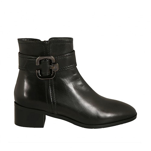 Botines para mujer con cremallera y hebilla en piel negra tacon 4 - Tallas disponibles:  32, 33, 43