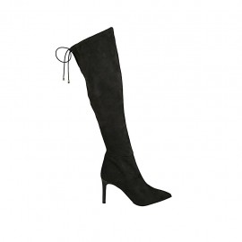 Bottes au genou à bout pointu pour femmes en daim elastique noir avec lacets et fermeture éclair talon 8 - Pointures disponibles:  42