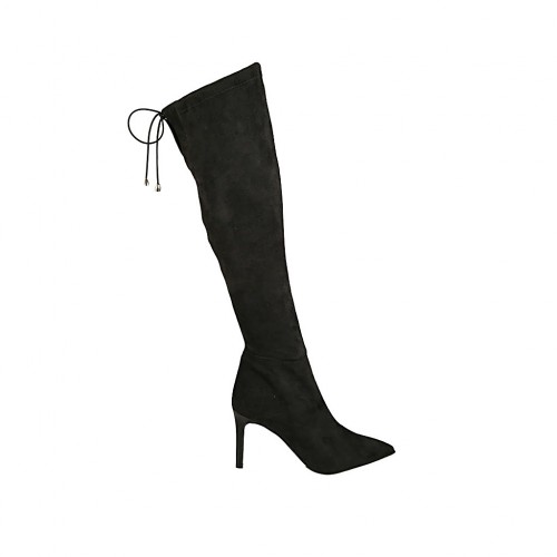 Stivale a punta al ginocchio da donna in camoscio elasticizzato nero con laccio e cerniera tacco 8 - Misure disponibili: 32, 42, 43