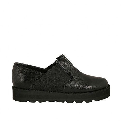 Hochgeschlossener Damenschuh mit Gummibändern aus schwarzem Leder Keilabsatz 3 - Verfügbare Größen:  34, 42, 43, 44, 45, 47