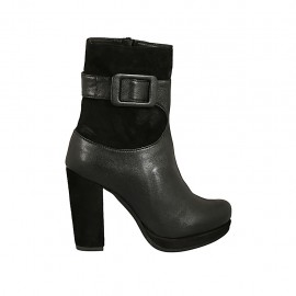 Stivaletto da donna con cerniera, fibbia e plateau in pelle e camoscio nero tacco 10 - Misure disponibili: 31, 32, 33, 34, 42, 43