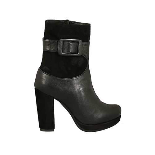 Bottine pour femmes avec fermeture éclair, boucle et plateforme en cuir et daim noir talon 10 - Pointures disponibles:  31, 32, 42