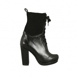 Bottine à lacets pour femmes en cuir et tissu elastique noir avec plateforme talon 9 - Pointures disponibles:  32, 33, 43, 44