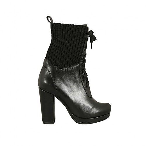 Bottine à lacets pour femmes en cuir et tissu elastique noir avec plateforme talon 9 - Pointures disponibles:  32, 33, 43, 44