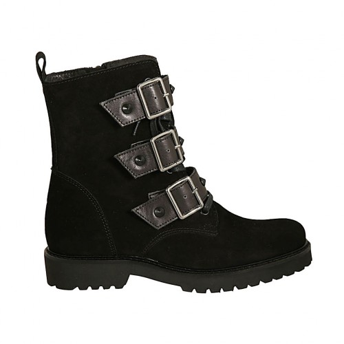 Stivaletto stringato da donna con cerniera e fibbie in camoscio nero tacco 3 - Misure disponibili: 33, 34, 42, 43, 44