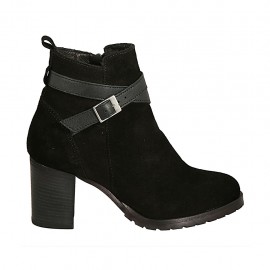 Botines para mujer con cremallera interna y hebilla en gamuza y piel negra tacon 7 - Tallas disponibles:  42, 43, 44