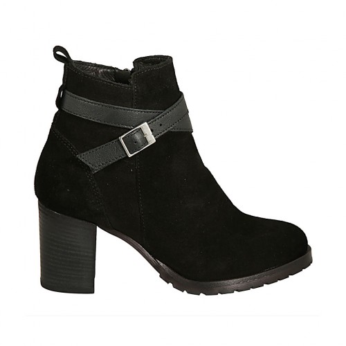 Bottines pour femmes avec fermeture éclair interieur et boucle en daim et cuir noir talon 7 - Pointures disponibles:  42, 43, 44