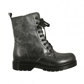 Stivaletto anfibio stringato da donna con cerniera in pelle nera effetto slavato tacco 3 - Misure disponibili: 32