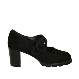 Zapato de salón para mujer con cinturon en gamuza negra tacon 6 - Tallas disponibles:  42, 43, 44