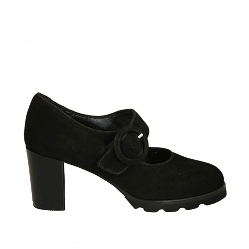 Zapato de salón para mujer con cinturon en gamuza negra tacon 6 - Tallas disponibles:  42, 43, 44