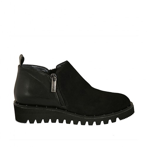 Chaussure à cou-de-pied haut pour femmes avec fermetures éclair en daim et cuir noir talon compensé 3 - Pointures disponibles:  32, 33, 34