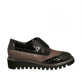 Zapato derby para mujer con cordones en charol negro y piel laminada bronce cuña 3 - Tallas disponibles:  34, 43, 44