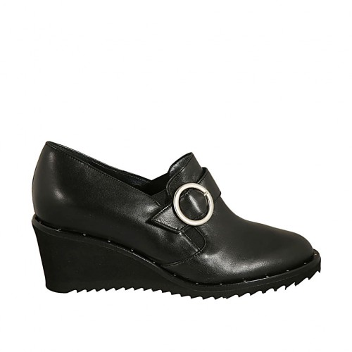 Hochgeschlossener Damenschuh mit Gummibändern und Schnalle aus schwarzem Leder Keilabsatz 5 - Verfügbare Größen:  34, 42, 43