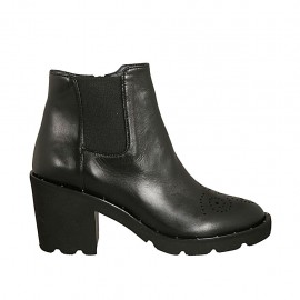 Bottines avec fermeture éclair, elastique et bout Brogue pour femmes en cuir noir talon 7 - Pointures disponibles:  43
