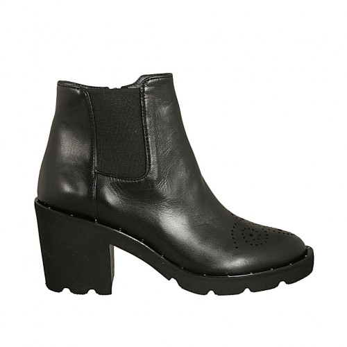 Stivaletto con cerniera ed elastico da donna in pelle nera con lavorazione Brogue tacco 7 - Misure disponibili: 43