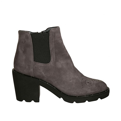 Bottines avec fermeture éclair, elastique et bout Brogue pour femmes en daim gris talon 7 - Pointures disponibles:  34, 43, 45