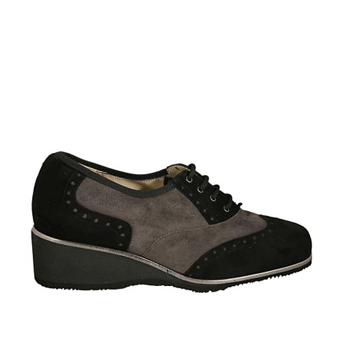 Scarpa stringata oxford da donna in camoscio nero e taupe zeppa 4 - Misure disponibili: 33, 43