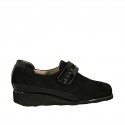 Woman's shoe with velcro strap and studs in black suede and patent leather wedge heel 3