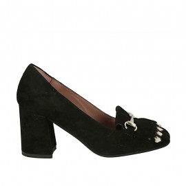 Zapato cerrado para mujer con flecos y cadena plateada en gamuza negra tacon 7 - Tallas disponibles:  34, 42, 43