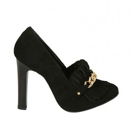 Zapato cerrado para mujer con flecos y cadena en gamuza negra tacon 10 - Tallas disponibles:  31, 32, 33, 34, 42, 43, 46