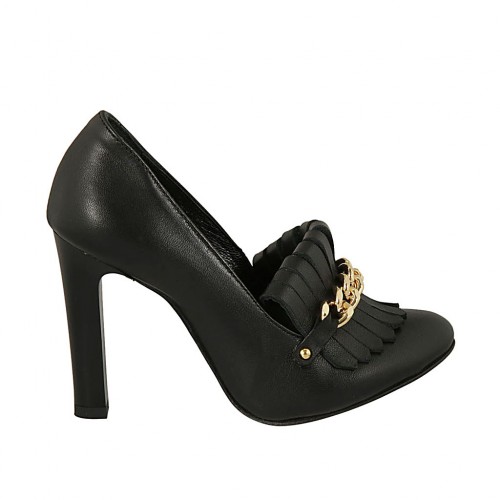 Scarpa accollata da donna con frangia e catena in pelle nera tacco 10 - Misure disponibili: 31, 32, 33, 34, 42, 43, 46