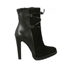 Stivaletto da donna con cerniera, laccio e plateau in pelle e camoscio nero tacco 11 - Misure disponibili: 31, 32, 43