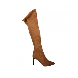 Bottes au genou à bout pointu pour femmes en daim elastique beige avec lacets et fermeture éclair talon 8 - Pointures disponibles:  32, 33, 42, 43