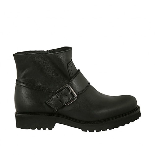 Stivaletto da donna con fibbia e cerniera in pelle nera tacco 3 - Misure disponibili: 32, 33, 34, 43, 44, 45