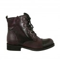 Bottines pour femmes avec lacets,  bout droit et fermeture éclair en cuir bordeaux violet talon 3