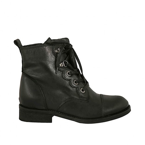 Bottines pour femmes avec lacets, fermeture éclair et bout droit en cuir noir talon 3 - Pointures disponibles:  32