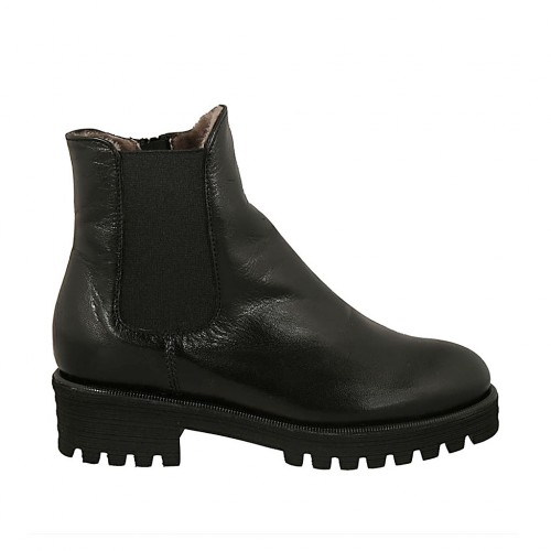 Bottines avec fermeture éclair, semelle amovible et elastique pour femmes en cuir noir talon 4 - Pointures disponibles:  32, 43, 45